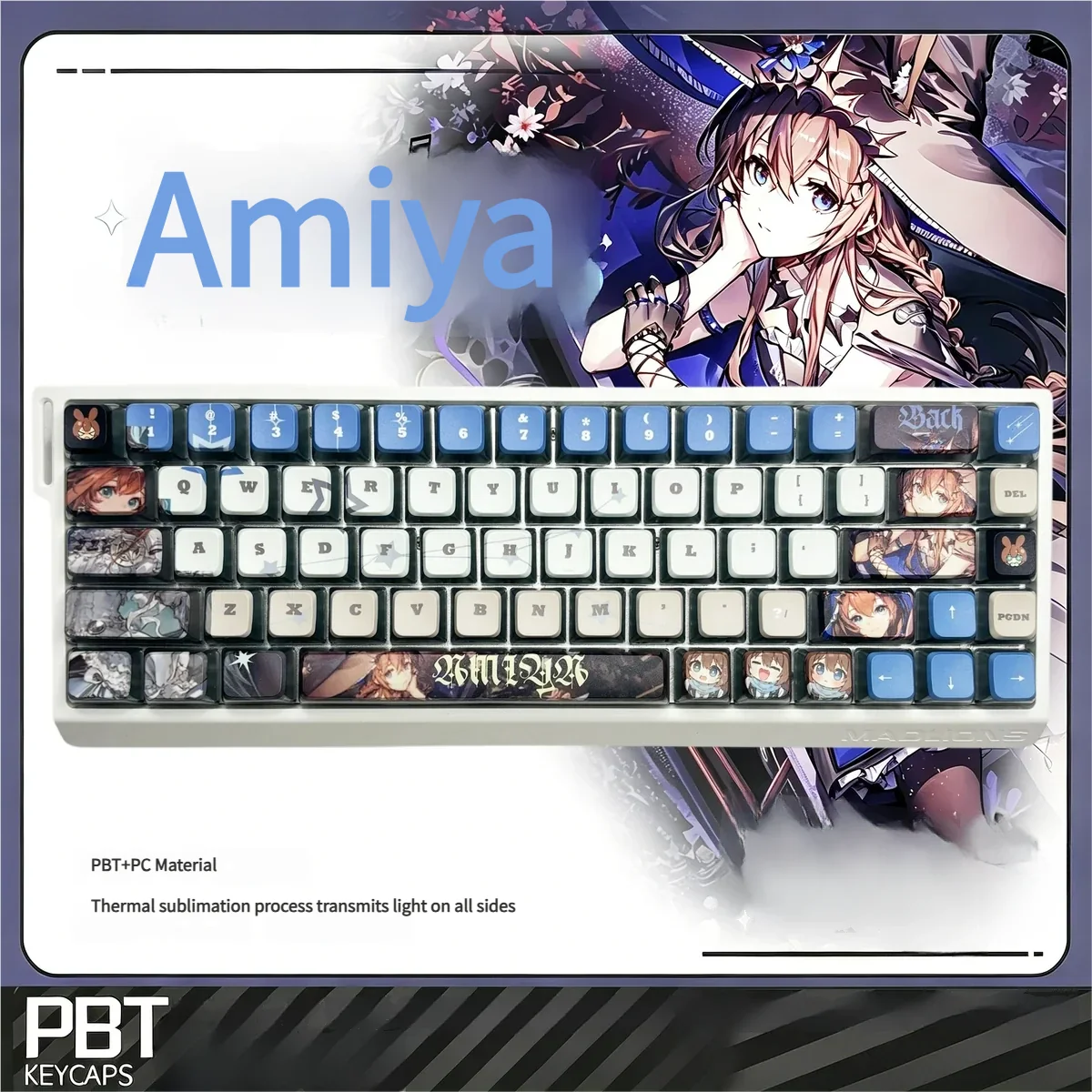Arknights Amiya Keycap Set on a backlit mechanical keyboard, showcasing vibrant cosmic design