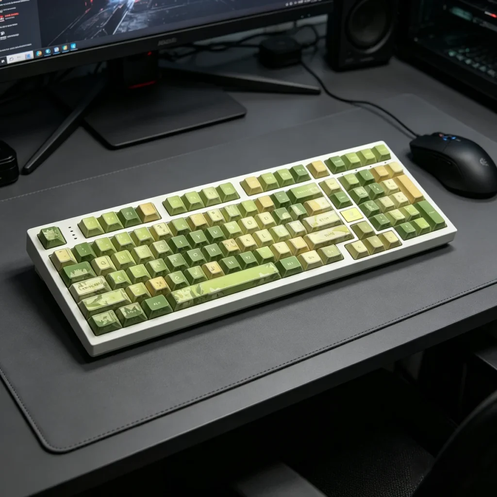 Jasmine Snow Bud keycaps installed on a keyboard with RGB backlighting, demonstrating the translucent legends' glow.