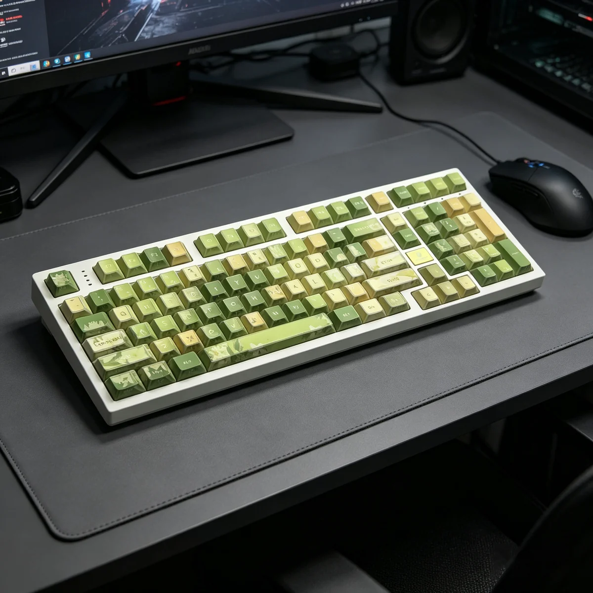 Jasmine Snow Bud keycaps installed on a keyboard with RGB backlighting, demonstrating the translucent legends' glow.