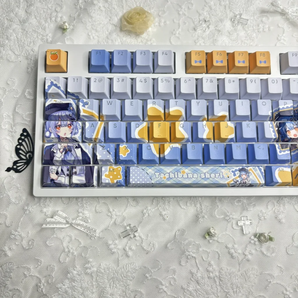 Vibrant backlit PBT keycaps showcasing magical girl theme in a dark setup