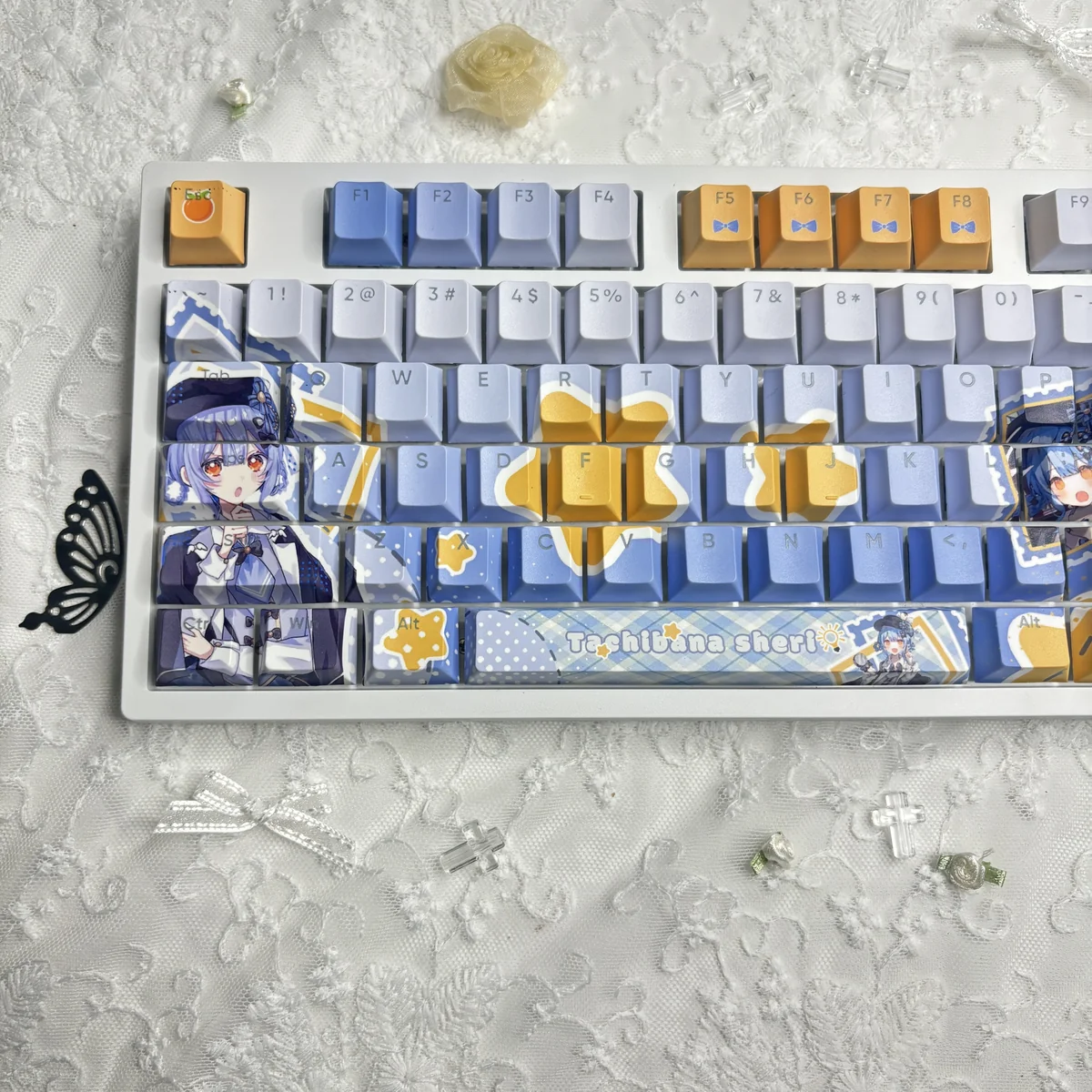 Vibrant backlit PBT keycaps showcasing magical girl theme in a dark setup