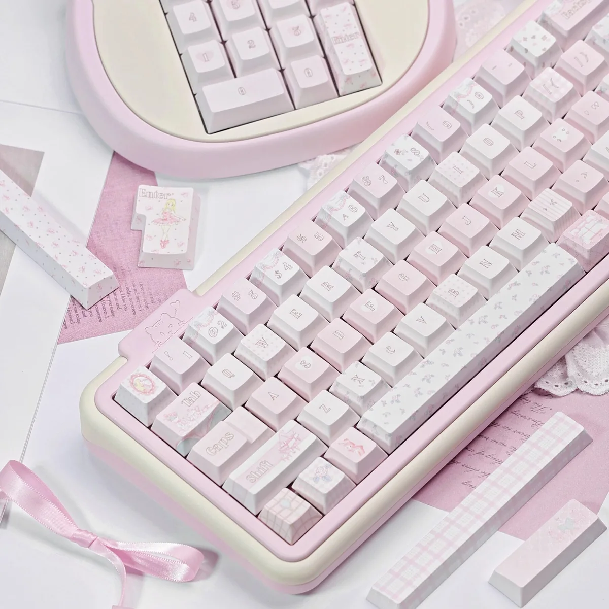 Overhead view of the 145-key Ballet Poetry Cherry Profile Keycap Set arranged neatly.