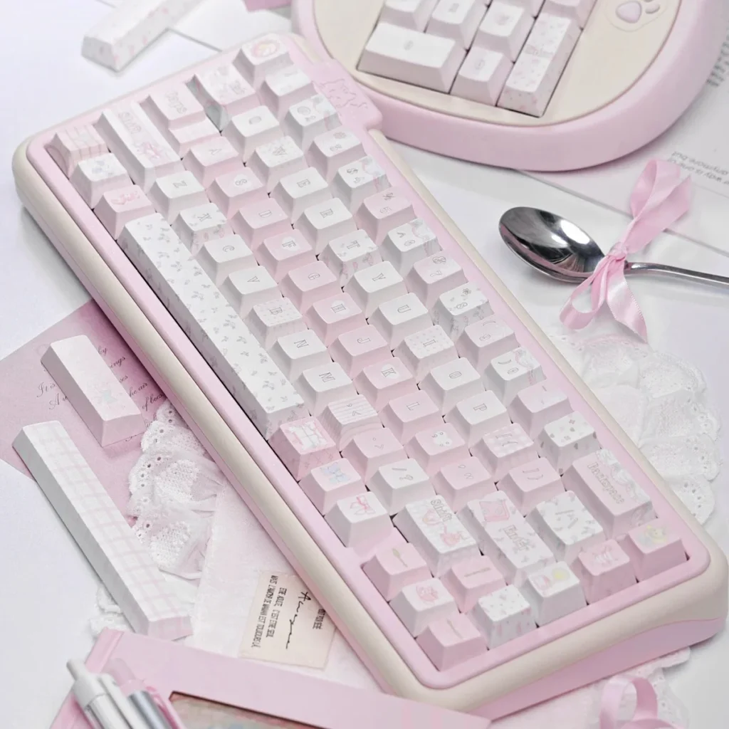 Ballet Poetry PBT Keycap Set on a mechanical keyboard with soft pastel keycaps and delicate ballet motifs.