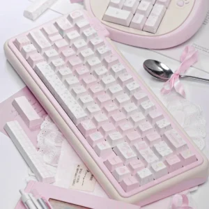 Ballet Poetry PBT Keycap Set on a mechanical keyboard with soft pastel keycaps and delicate ballet motifs.