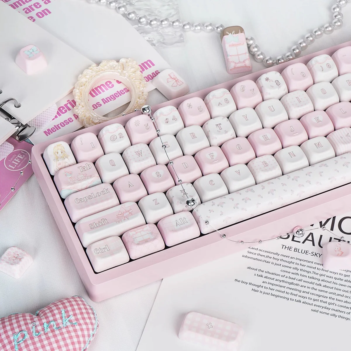 Ballet Poetry Keycap Set with a focus on the dye-sublimated legends and smooth PBT texture.