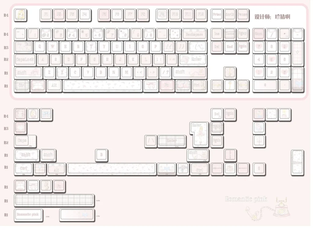 Ballet Poetry Keycap Set installed on a white mechanical keyboard, showing overall aesthetic.