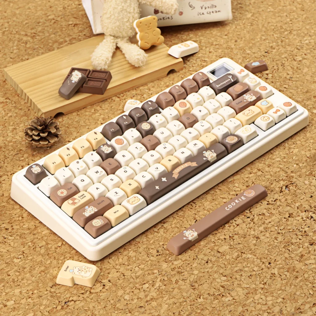 Cozy aesthetic of Bear Bakery keycaps with pastel colors