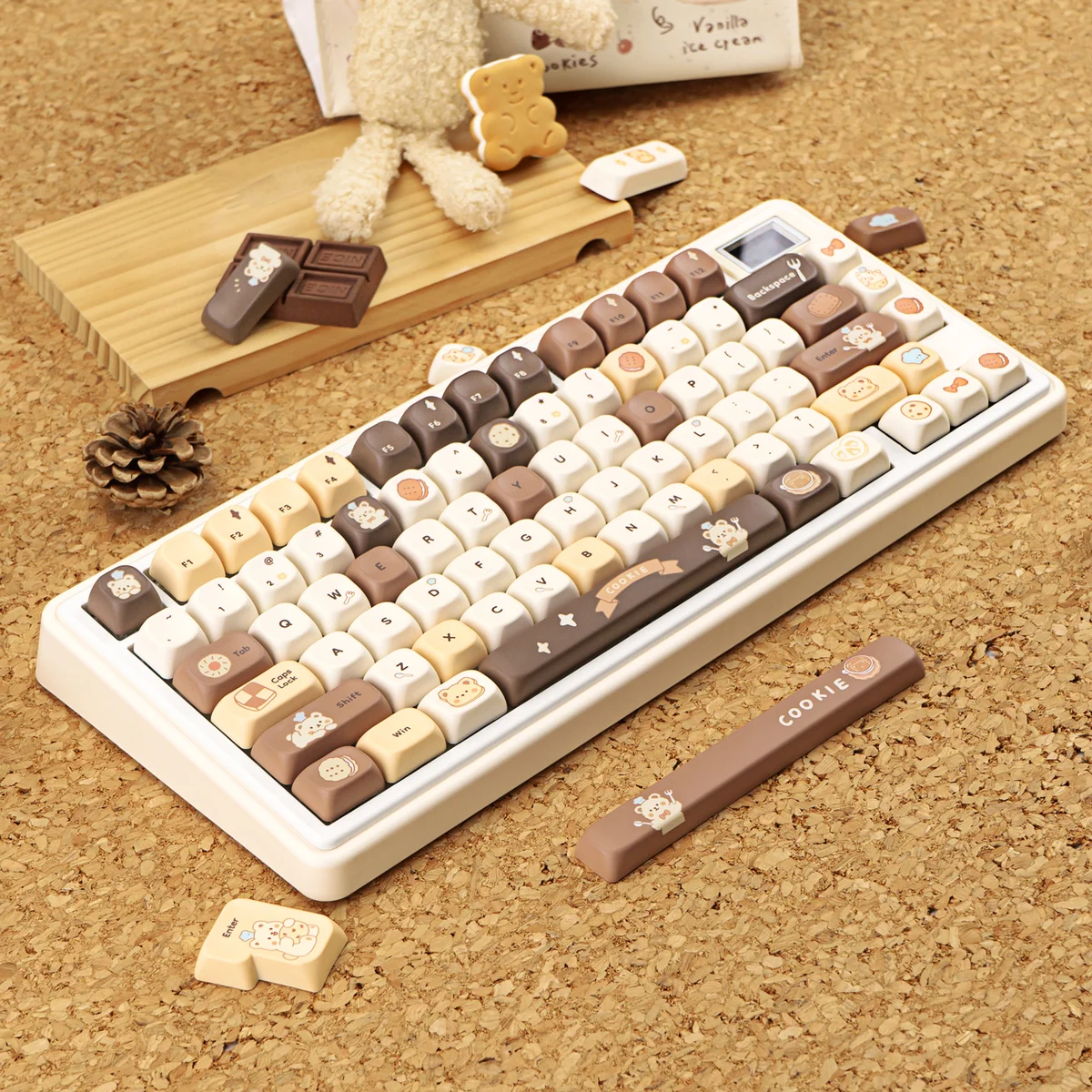 Cozy aesthetic of Bear Bakery keycaps with pastel colors