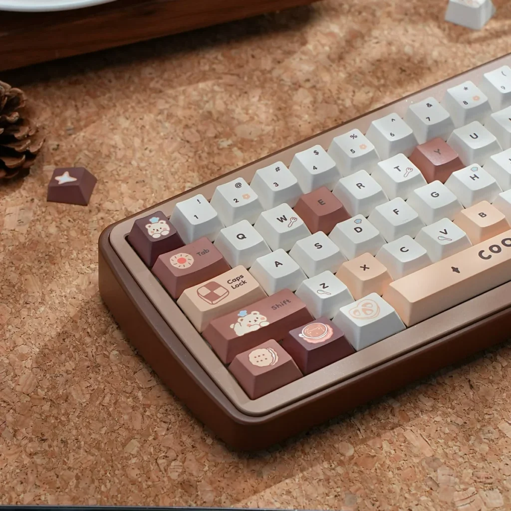 Close-up of Bear Bakery keycaps with pastry designs