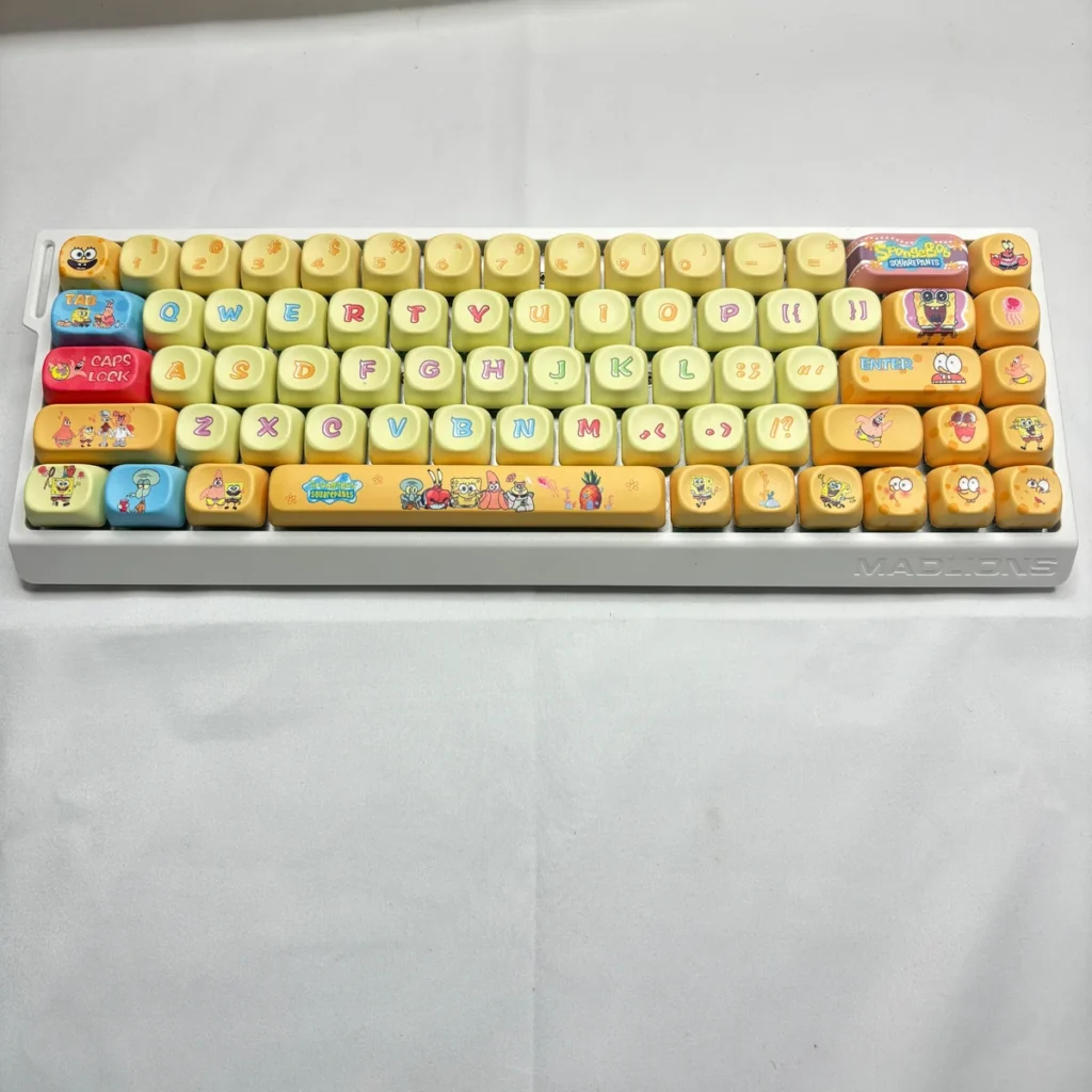 Bikini Bottom characters on a custom mechanical keyboard