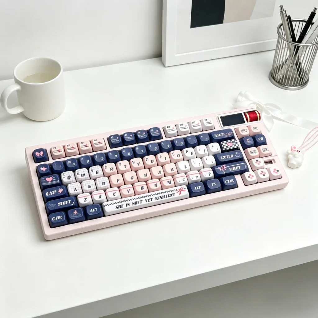Blues Pink Voice MOA Keycap Set on a mechanical keyboard, showcasing vibrant blue and pink colors.