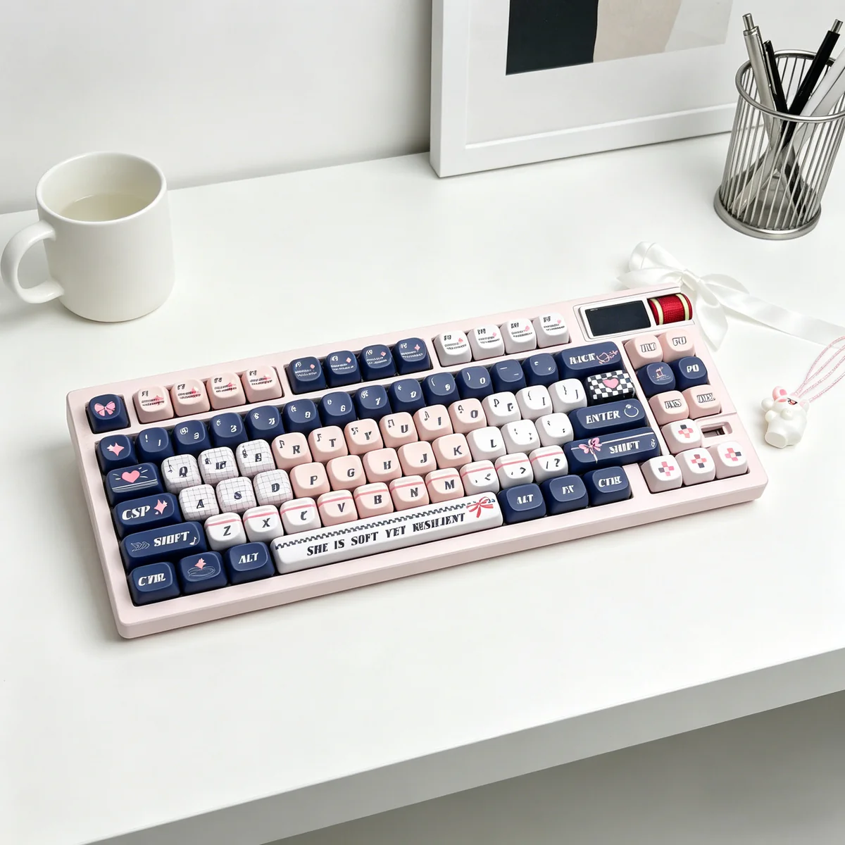 Blues Pink Voice MOA Keycap Set on a mechanical keyboard, showcasing vibrant blue and pink colors.