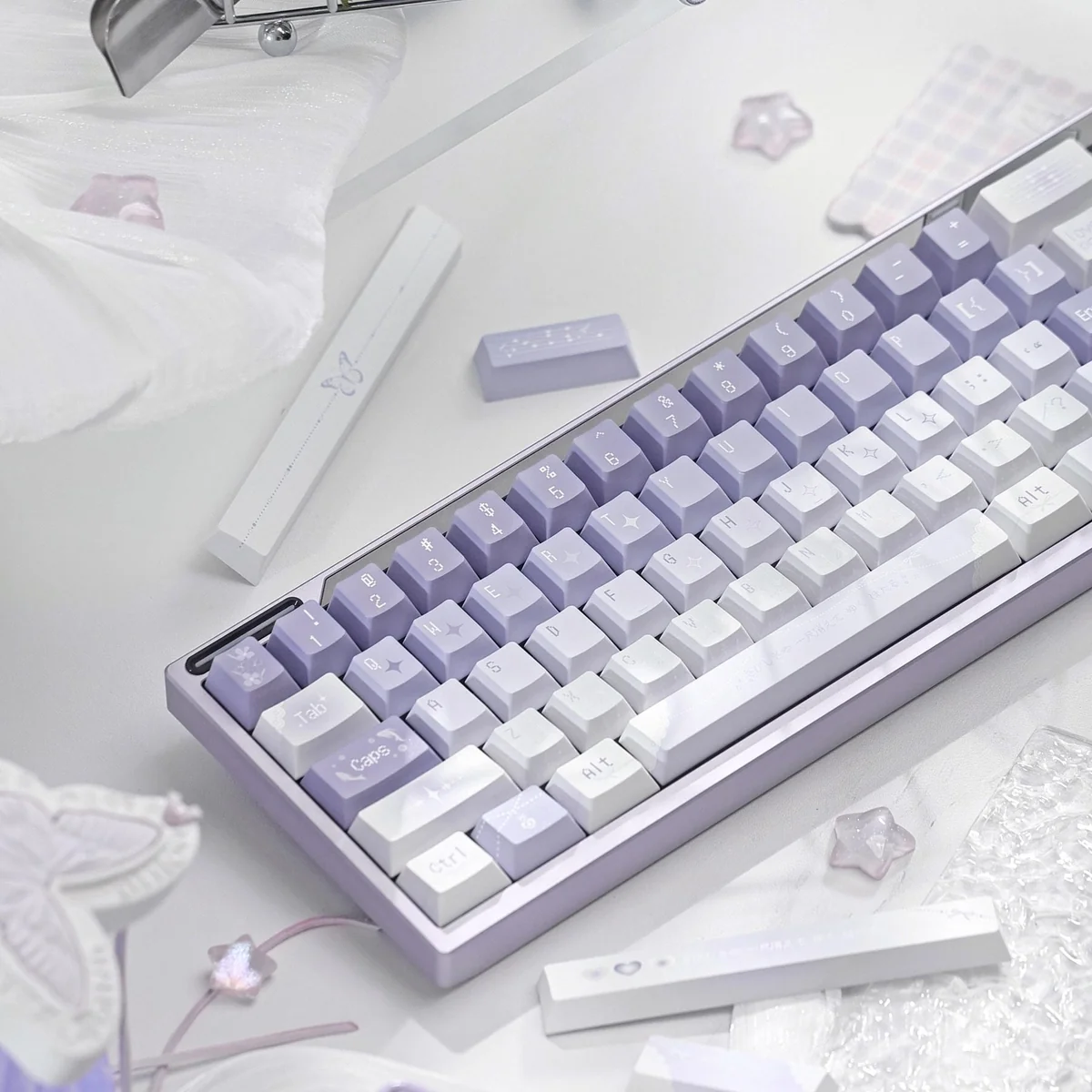Close-up of dye-sublimated butterfly design on PBT keycaps