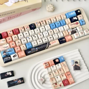 Angled shot of the Caleb themed keycaps on a keyboard