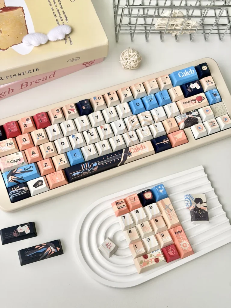 Angled shot of the Caleb themed keycaps on a keyboard