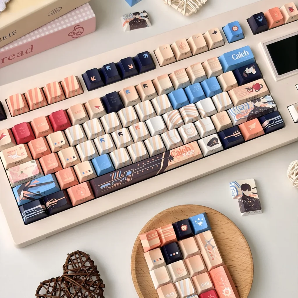 Detailed view of Caleb character-inspired legends on PBT keycaps