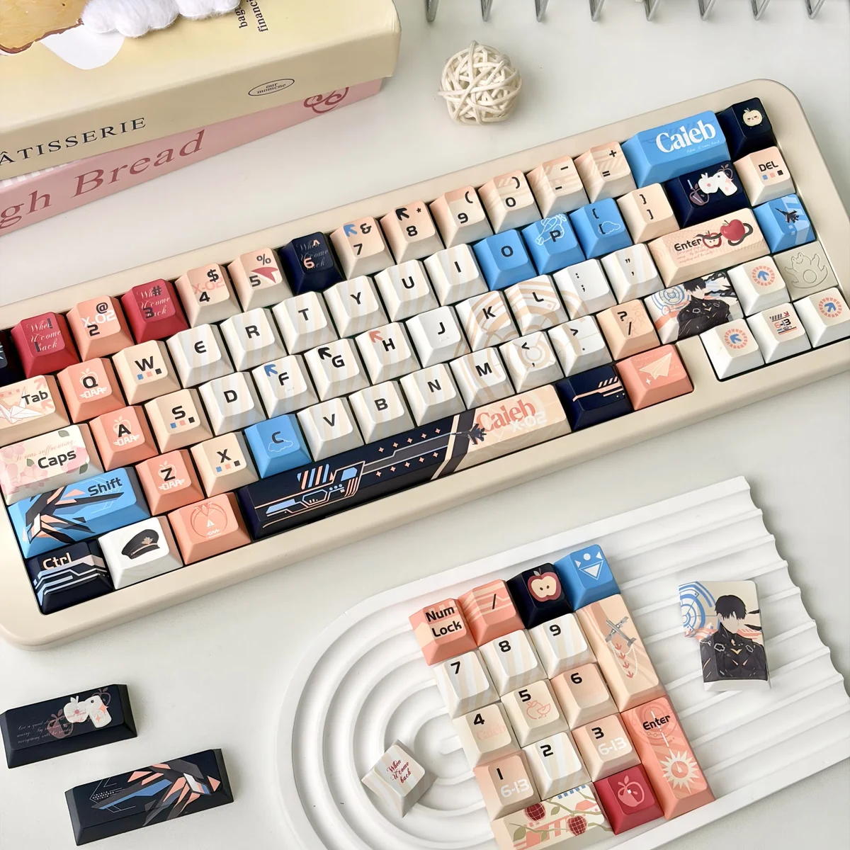 Caleb themed keycaps installed on a mechanical keyboard with backlighting