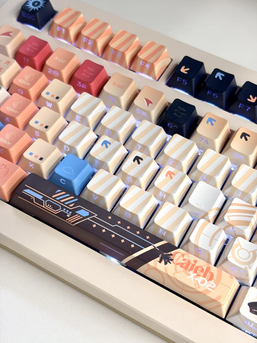 Hands typing on a keyboard equipped with Caleb Love and Deepspace keycaps