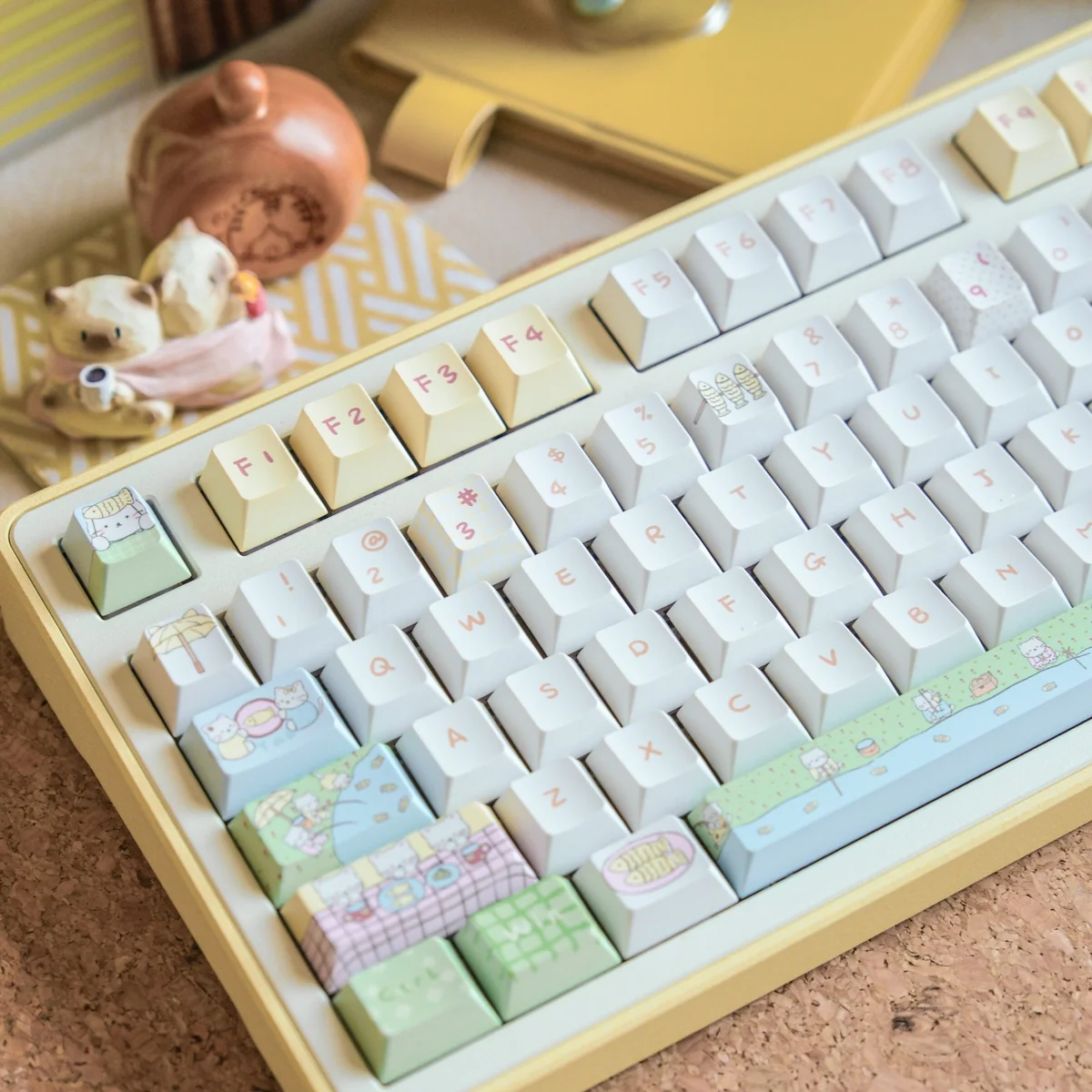 Close-up of playful cats fishing artwork on Cherry profile keycaps