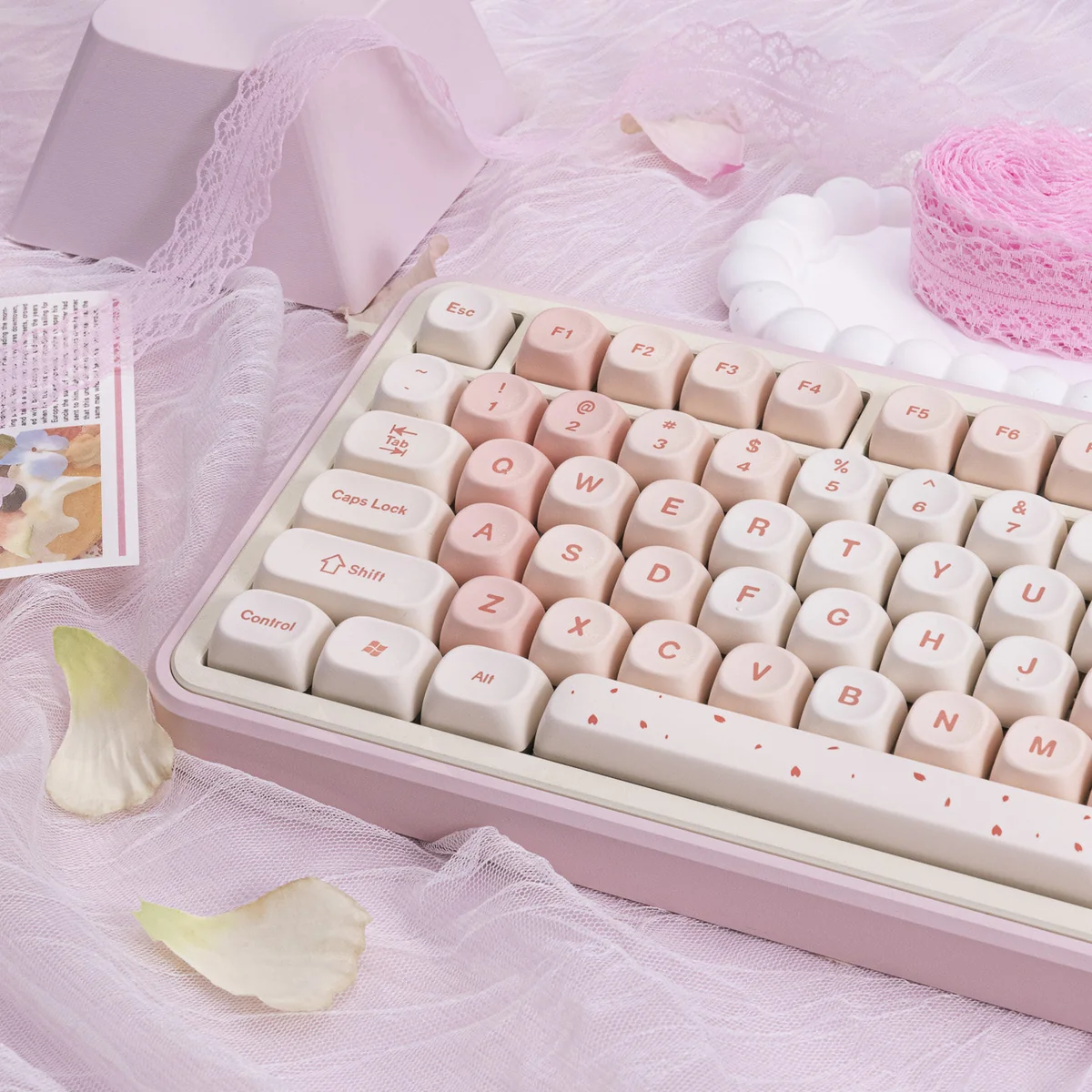 Close-up of Cherry Blossom keycaps, highlighting dye-sublimated details and MOA profile.