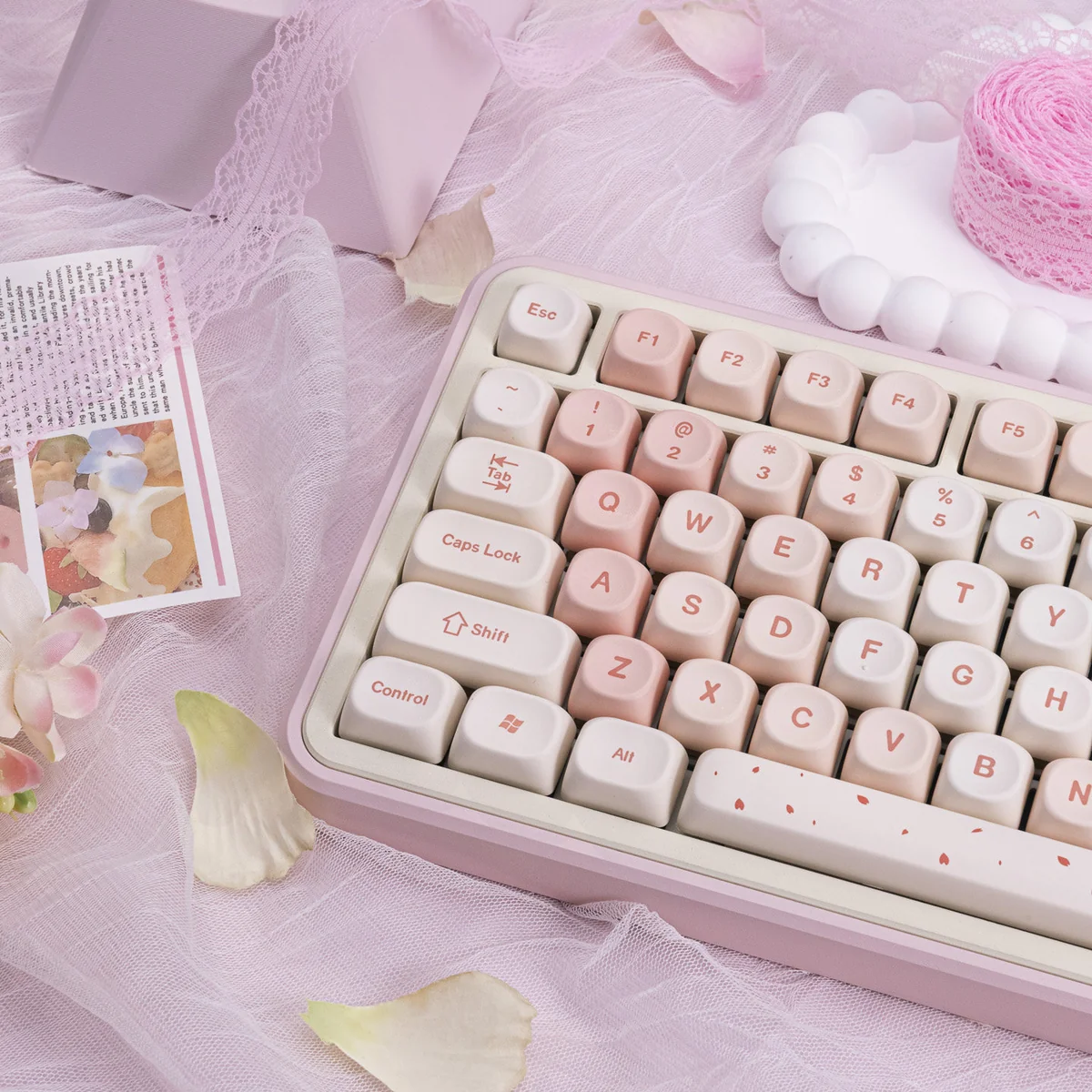 Side profile view of Cherry Blossom MOA keycaps, showing ergonomic spherical tops.