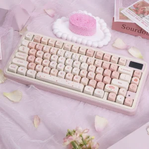 Cherry Blossom PBT MOA Keycap Set on a white mechanical keyboard, showcasing delicate pink floral design.