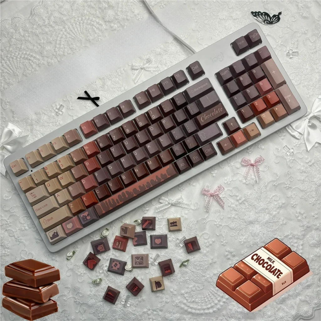 Side profile of Chocolate Cherry keycaps demonstrating the ergonomic sculpting for comfortable typing.