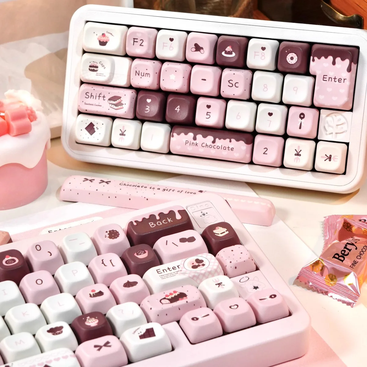 Side view of Cherry profile Chocolate Strawberry keycaps