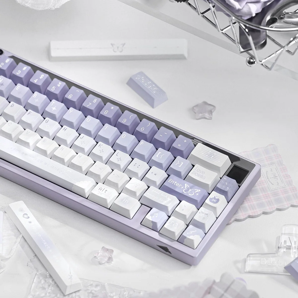 Side view of Cherry profile Ethereal Butterfly keycaps, showcasing ergonomic angle