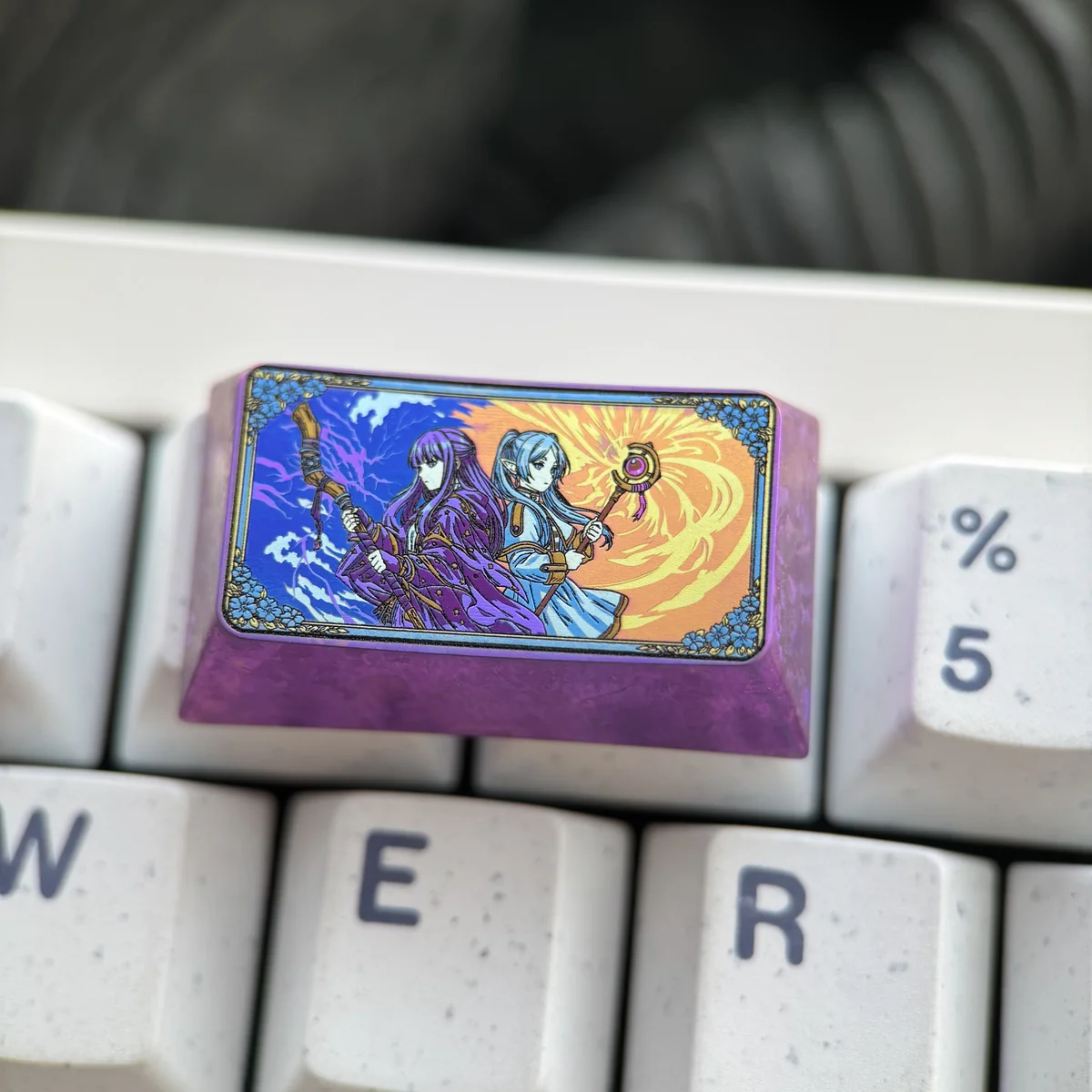 Side profile view illustrating the ergonomic Cherry profile of the Frieren & Fern keycaps