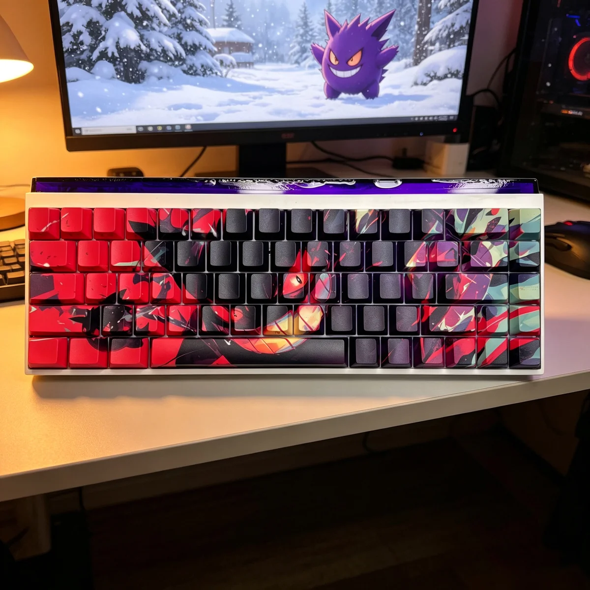 Side view of Cherry profile Gengar keycaps showing side-engraved legends
