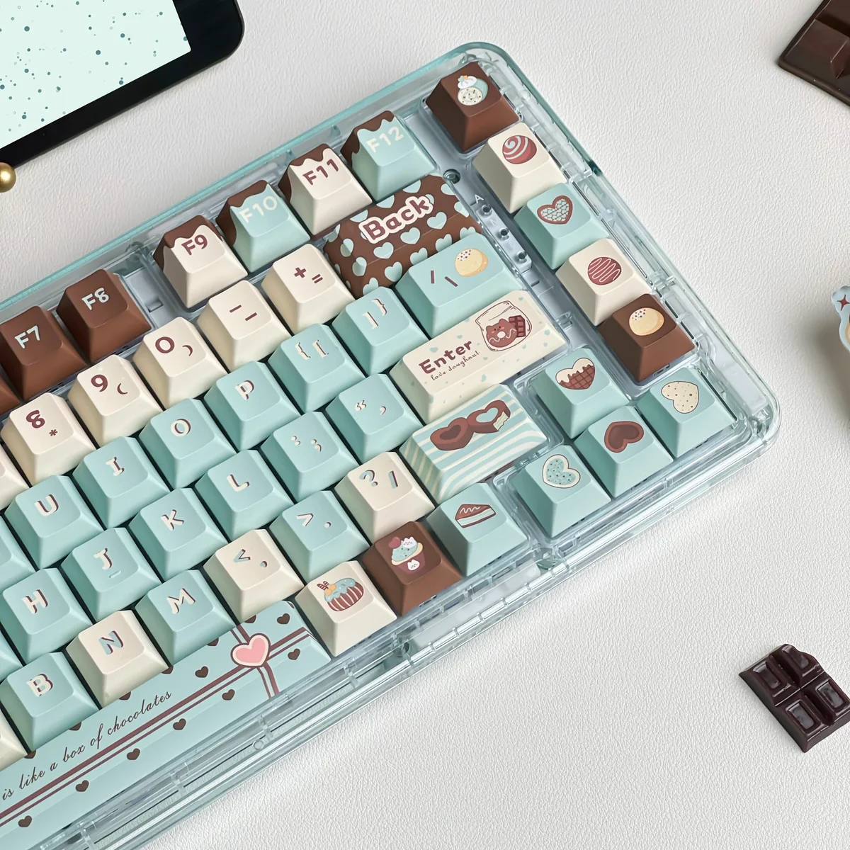 Ergonomic Cherry profile keycaps in mint green and chocolate brown