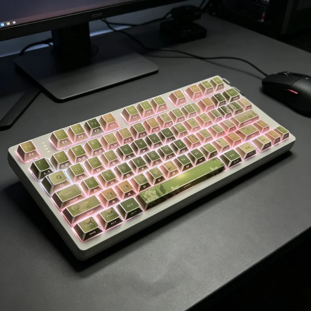 Side profile of Jasmine Snow Bud Cherry profile keycaps, showing their ergonomic sculpt and thick PBT walls.