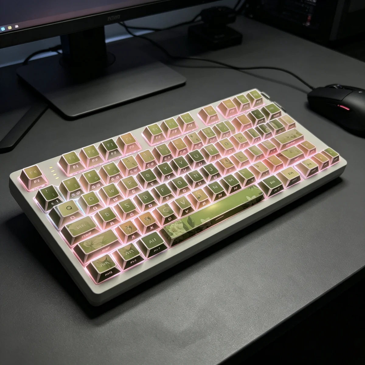 Side profile of Jasmine Snow Bud Cherry profile keycaps, showing their ergonomic sculpt and thick PBT walls.
