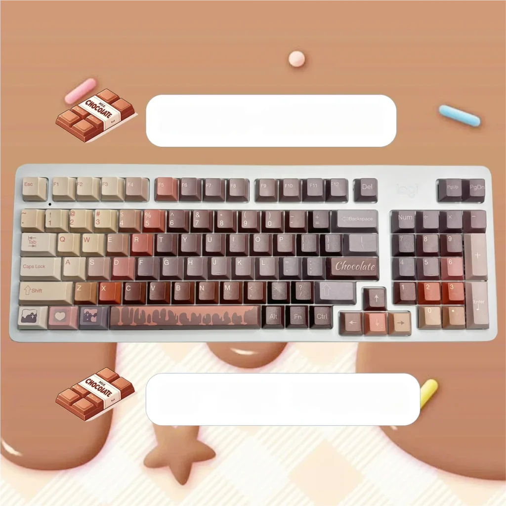 Close-up view of Chocolate PBT keycaps highlighting the crisp dye-sublimated legends and PBT texture.