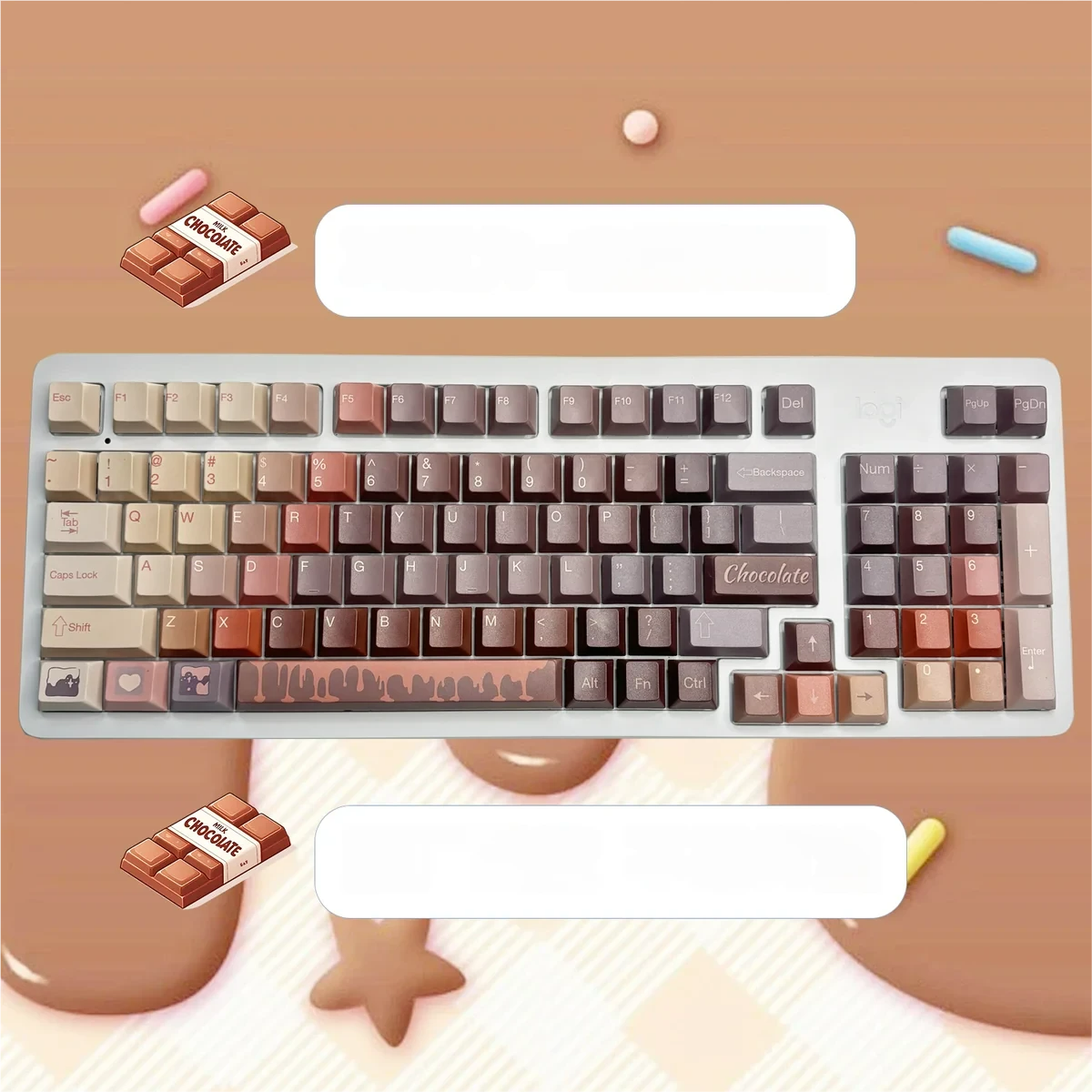 Close-up view of Chocolate PBT keycaps highlighting the crisp dye-sublimated legends and PBT texture.