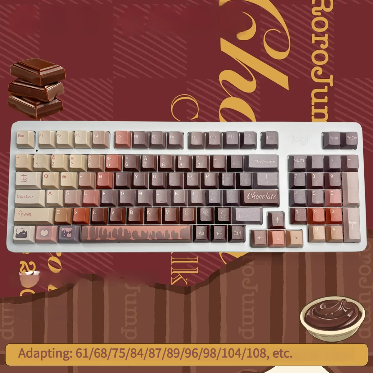 Chocolate PBT Dye-Sub Keycap Set on a mechanical keyboard, showcasing the rich brown hues and Cherry profile.