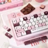 Close-up of Chocolate Strawberry PBT keycaps with dessert legends