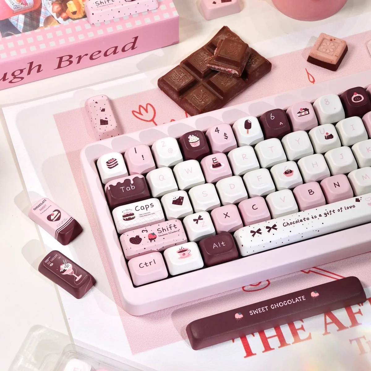 Close-up of Chocolate Strawberry PBT keycaps with dessert legends