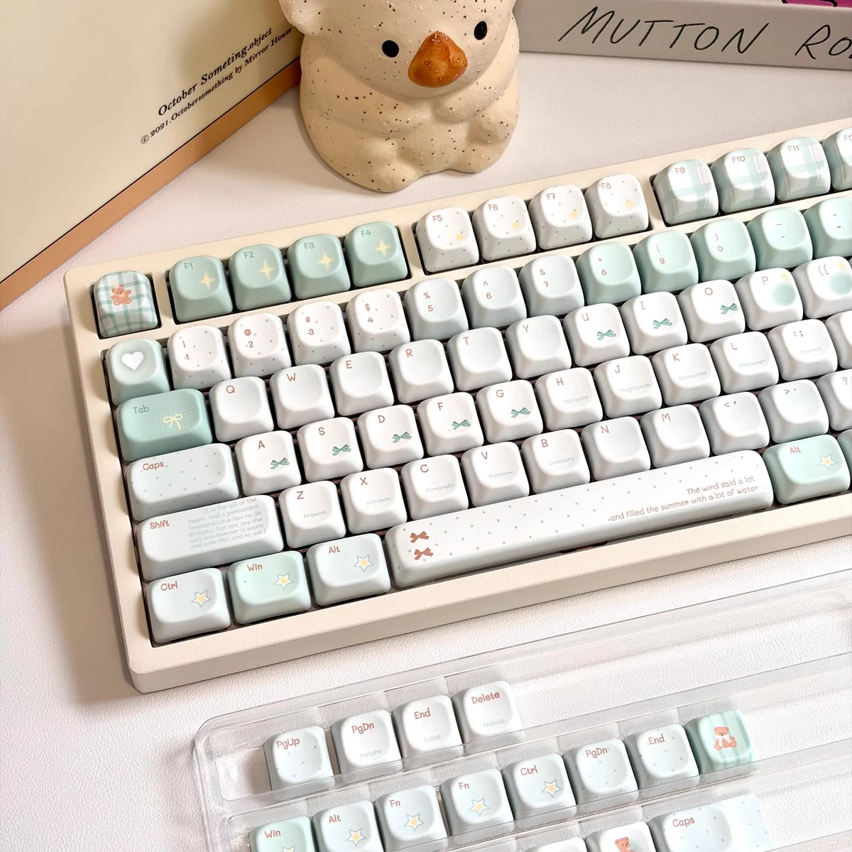 Detailed shot of a Coastal Mist keycap's legend and finish