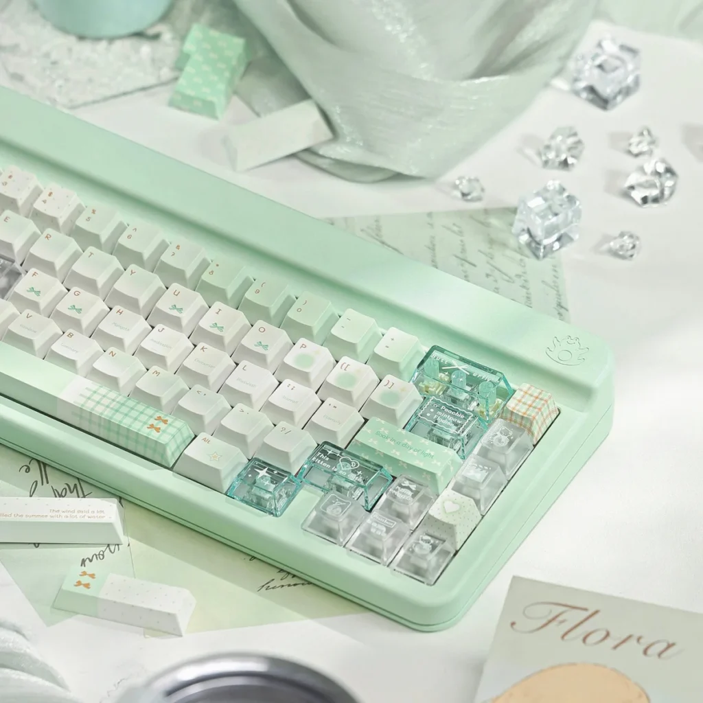 Mint green translucent keycaps with soft RGB backlighting
