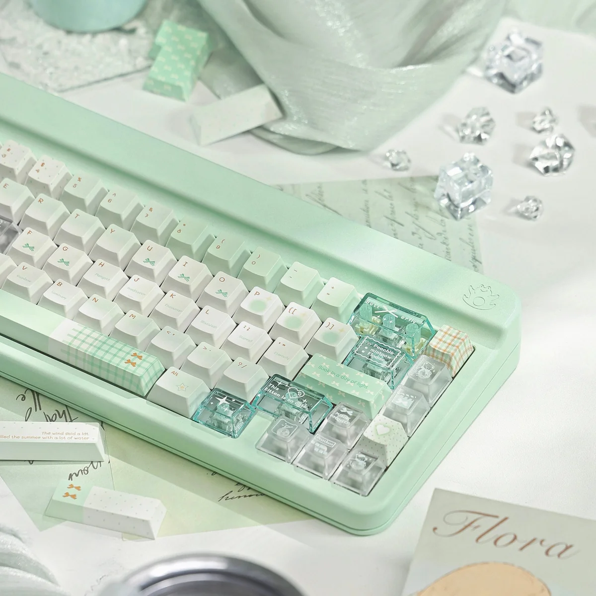 Mint green translucent keycaps with soft RGB backlighting