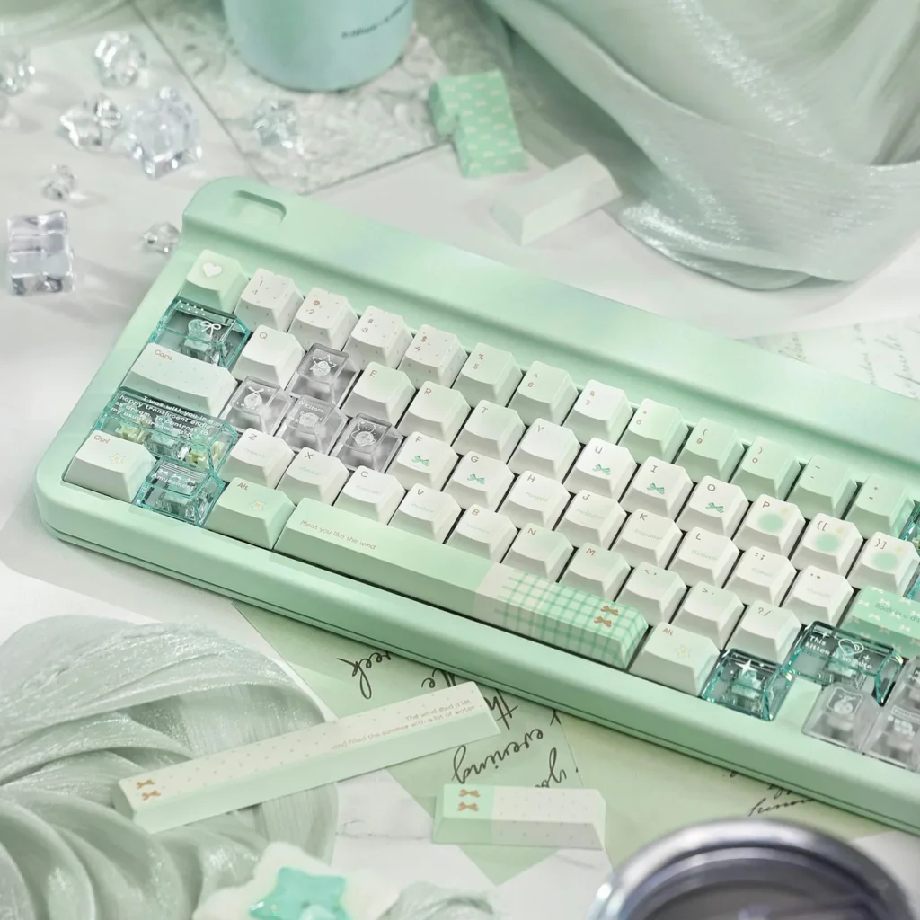 Coastal Mist PBT PC Keycap Set full view on a mechanical keyboard