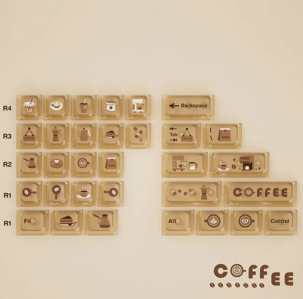 Side profile view of Coffee Cat keycaps, highlighting the ergonomic Cherry profile