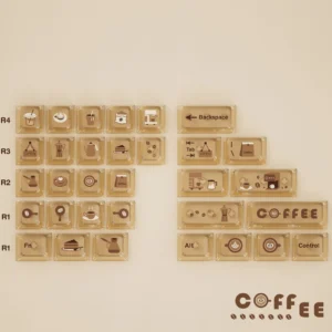 Side profile view of Coffee Cat keycaps, highlighting the ergonomic Cherry profile
