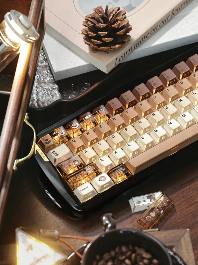 Lifestyle shot of a keyboard with Coffee Cat Keycap Set on a cozy desk setup
