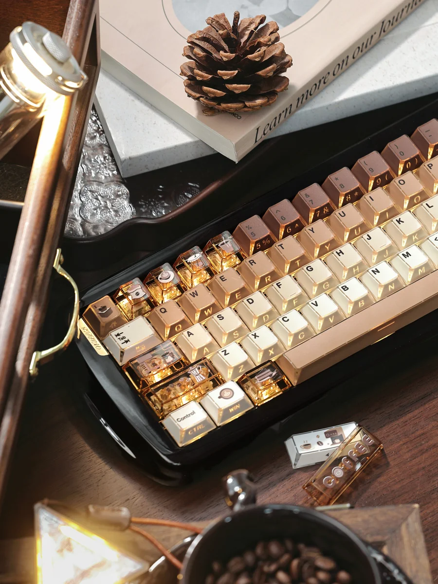Lifestyle shot of a keyboard with Coffee Cat Keycap Set on a cozy desk setup
