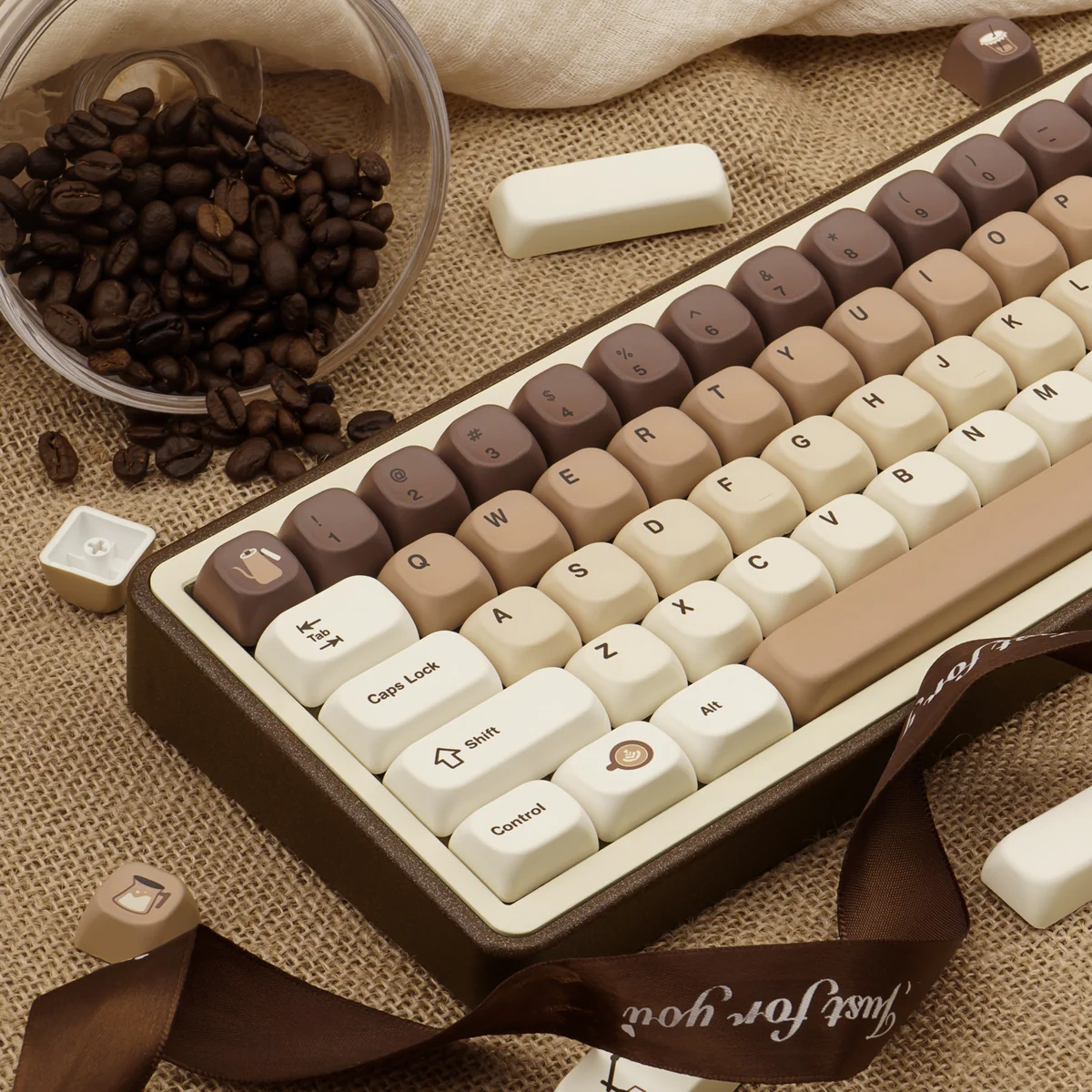 Coffee Cat Keycap Set installed on a mechanical keyboard, showcasing the overall aesthetic