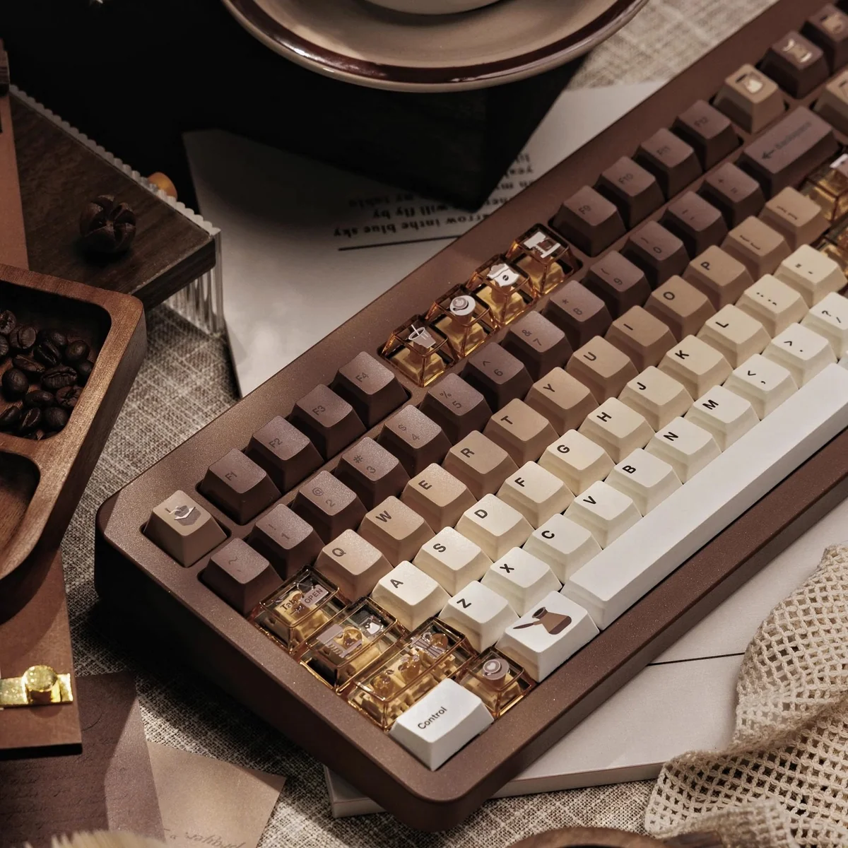 Close-up of PBT dye-sublimated legends on Coffee Cat keycaps, showing crisp detail
