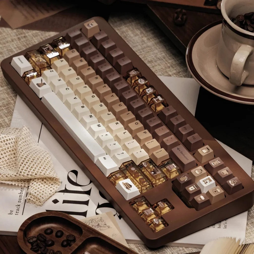 Detailed view of charming cat-themed keycaps from the Coffee Cat set